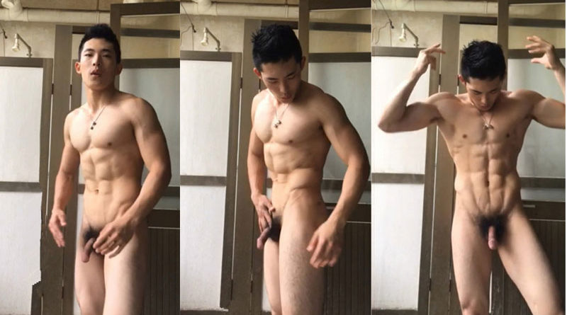 Japanese ripped guy flexing naked in locker room My Own. 