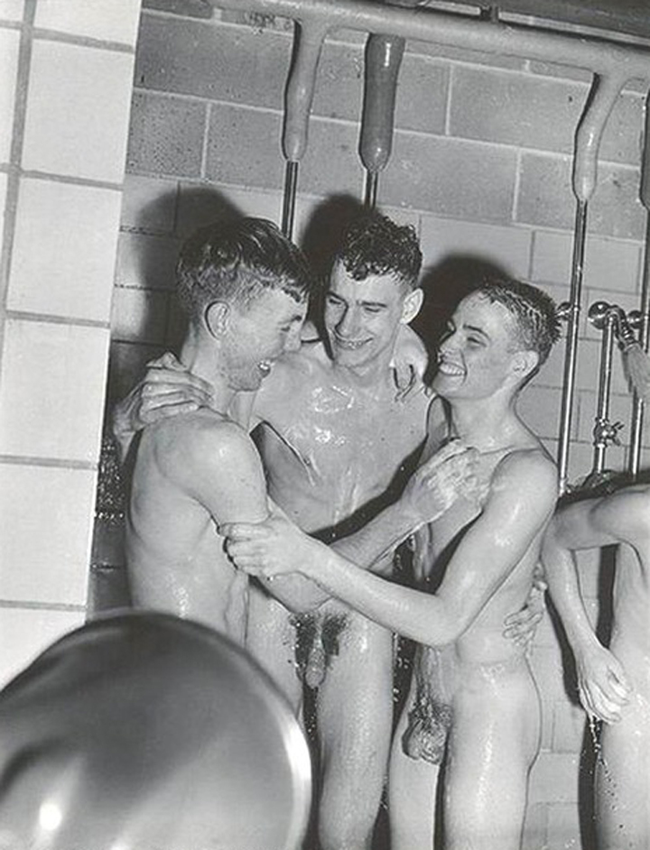 Naked sportsmen in vintage mens locker room showers