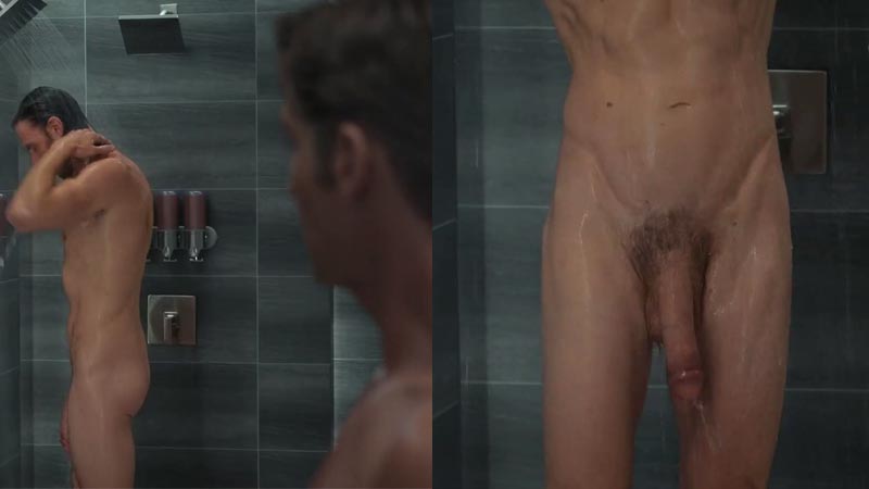 Adam Demos showing off his horse-hung cock in hot shower scene with Mike Vogel in Sex / Life My Own Private Locker Room