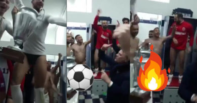 Naked footballer during locker room celebration